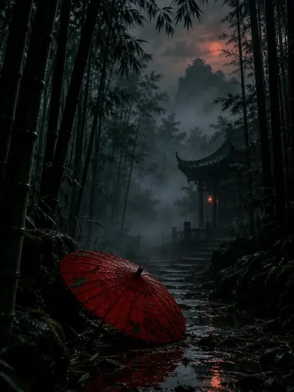 《竹影谜案》短剧竖版封面，竹林里死了七个人，只留下一把伞